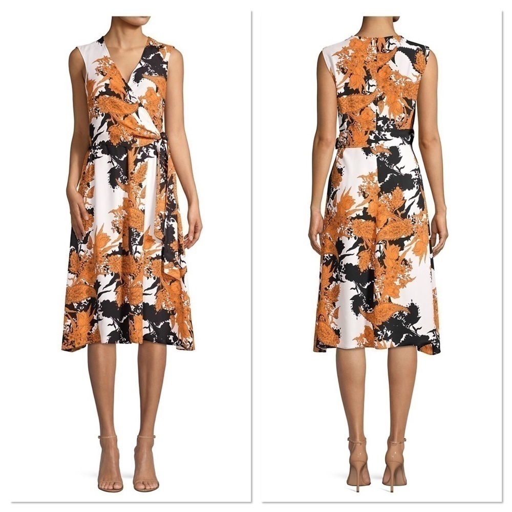 Kobi Halperin Brynn Orange Black Wrap Midi Dress NWT
